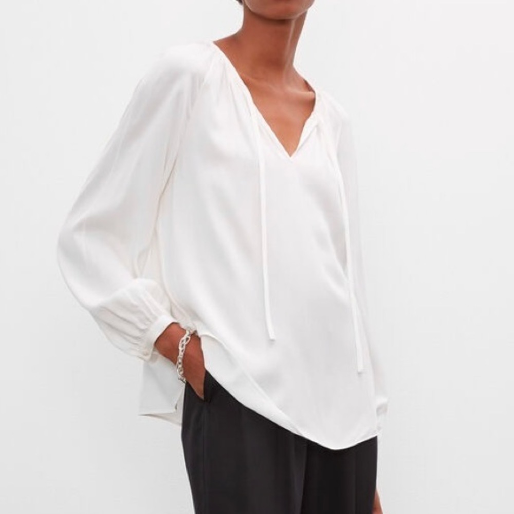 Club Monaco balloon sleeve blouse with tie neck